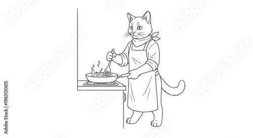 Line drawing of an anthropomorphic cat chef wearing an apron and bandana, cooking in a frying pan on a stovetop with steam rising.