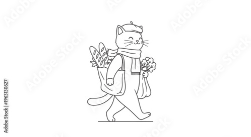 A charming line art illustration of a happy cat wearing a beret and scarf, carrying groceries like baguettes and vegetables in shopping bags.