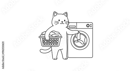 A cute cartoon cat holding a laundry basket next to a washing machine, line art drawing.