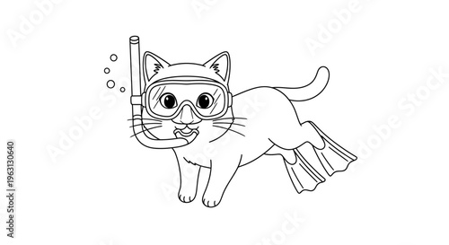 Cute cartoon cat wearing snorkeling mask, snorkel, and flippers, ready for an underwater adventure, line art drawing.