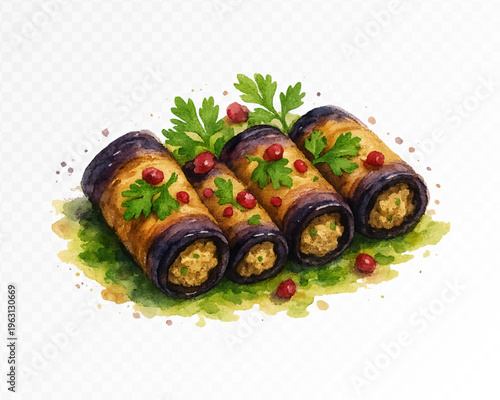 Colorful watercolor eggplant rolls with herb filling and ruby pomegranate accents, artistic appetizer clipart for banquet menus, Mediterranean recipes and elegant catering visuals. Vector illustration
