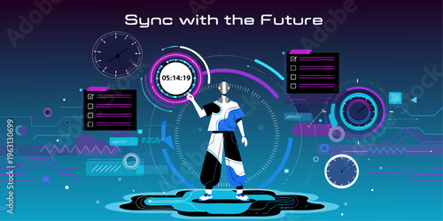 A futuristic robot standing in a digital environment with a clock and various technological elements around it.