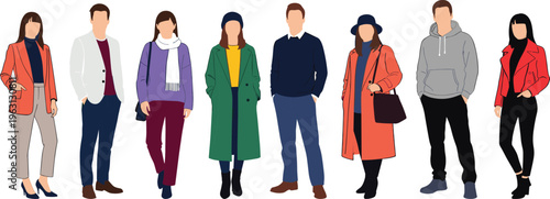 Stylish people flat illustration set, modern men and women fashion outfits collection, casual urban clothing characters isolated vector on white background