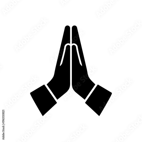 Black silhouette of praying hands with white accents on a white background, symbolizing faith and spirituality in a simple, iconic design.