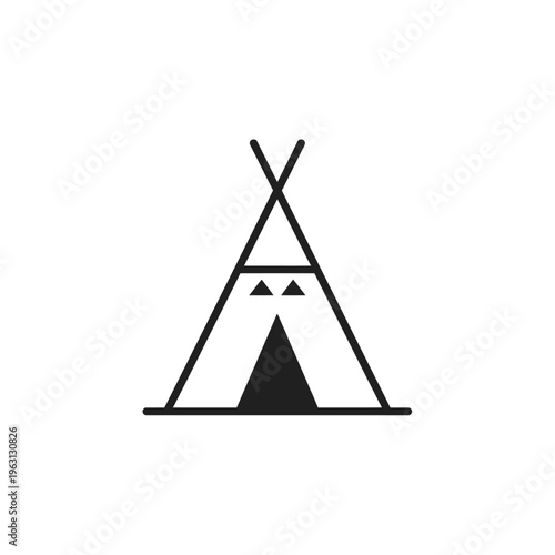 Simple black line art illustration of a teepee tent on white background for camping and outdoor concepts