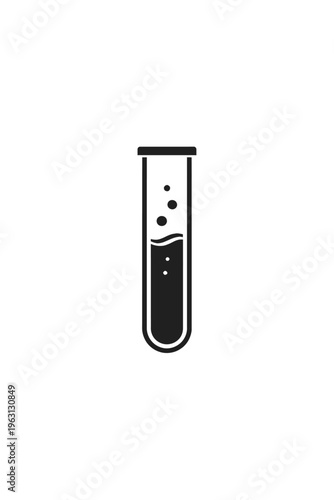 Black and white illustration of a test tube with liquid and bubbles on a plain background for science and laboratory concepts