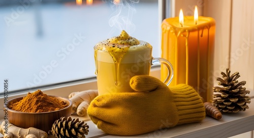 Steaming golden milk latte, infused with healthy turmeric and ginger, sits next to warm flickering candles and natural pinecones on a window ledge, creating a comforting winter scene.