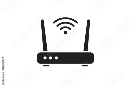 Simple black icon of a WiFi router with signal waves on a white background for tech and internet concepts