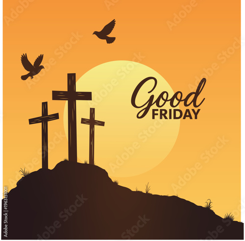 Christian Good Friday Hilltop Crosses Against Radiant Orange Sunset Sky for Spiritual Reflection