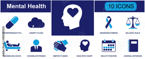 Mental health icon set. Containing antidepressant pill, anxiety cloud, awareness ribbon, balance scale, counseling couch, counselor person, empathy hands, head heart and more. Solid fill vector icons.