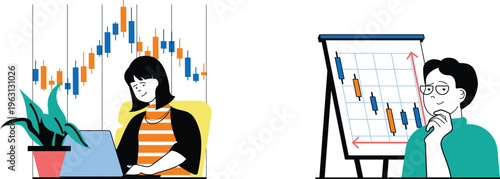 Two individuals analyzing stock market trends and financial charts with candlestick patterns on screens and flip chart