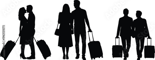 Travelers silhouettes collection with couples walking and carrying luggage, tourism and journey concept, people with suitcases illustration, vacation lifestyle isolated on white background