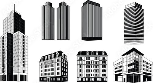 Urban building collection with modern skyscrapers and classic architecture, detailed vector illustration set isolated on light background for cityscape, real estate, and construction design use