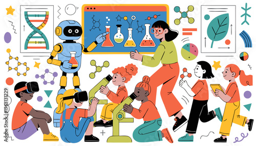A colorful illustration of diverse children and a robot learning science with various educational tools and symbols around them.