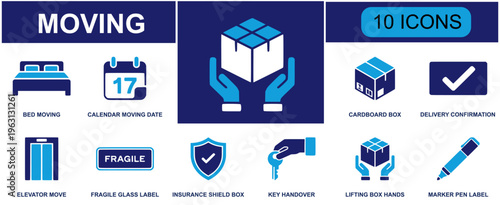 Moving icon set. Containing bed moving, moving date, cardboard box, delivery confirmation, elevator move, fragile label, insurance shield, key handover, marker pen and more. Solid fill vector icons.