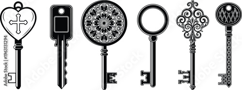 Vintage key silhouettes collection with ornate antique designs, decorative skeleton keys set, classic lock symbols, retro illustration elements, isolated black icons on white background