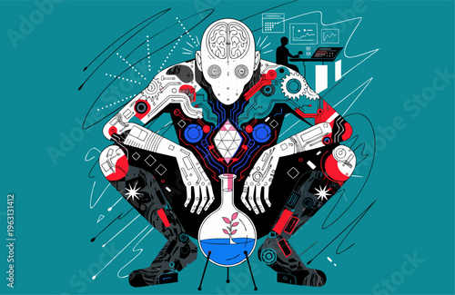 A futuristic robot with a brain and mechanical limbs sits in a contemplative pose surrounded by scientific symbols and equipment.