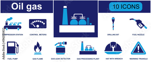 Oil and gas icon set. Containing compressor station, control meter, drilling bit, fuel nozzle, fuel pump, gas flame, leak detector, gas plant, warning sign and more. Solid fill vector icons.