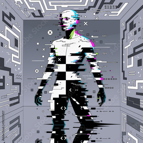 A futuristic illustration of a humanoid figure with a glitchy, distorted body standing in a gray, technological environment.