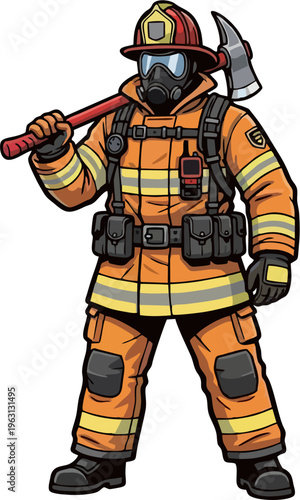 Full Body Firefighter in Orange Protective Uniform Holding Axe with Respirator Cartoon Illustration Isolated