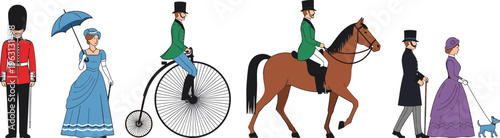 Victorian era people silhouettes set with gentleman, lady in dress, soldier guard, horse rider, penny farthing bicycle, and vintage fashion characters illustration