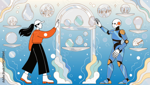 A futuristic illustration of a woman and a robot interacting with a transparent display surrounded by floating orbs and bubbles in a blue and white gradient background.