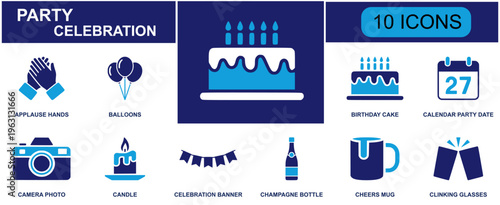 Party celebration icon set. Containing applause hands, balloons, birthday cake, party date, camera, candle, banner, champagne bottle, cheers mug and more. Solid fill vector icons.