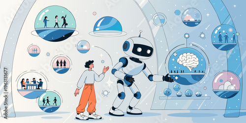 A futuristic illustration of a robot and a person interacting in a virtual reality environment with thought bubbles and brain graphics.
