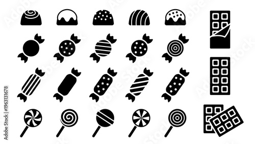 Different candies set minimal black icon set, isolated on white. Assorted wrapped hard caramel, chocolate candy and bar, lollipop on stick. Vector clipart for minimalist sweets design or logo.
