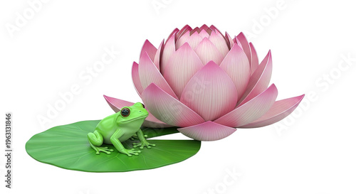 Green frog on lily pad next to pink lotus flower