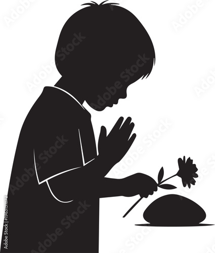 Boy praying by placing flower on grave silhouette vector illustration on transparent background