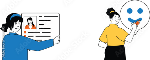 Two women engaging in a friendly interaction involving a tablet and a speech bubble with a smiley face drawing