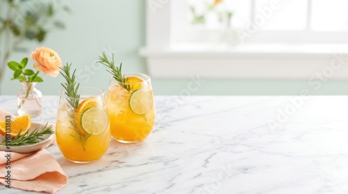 Refreshing orange and lime cocktails garnished with rosemary and fresh fruit slices