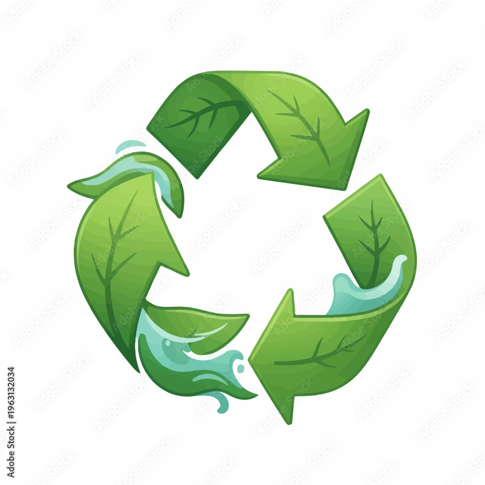 Obraz premium Three dimensional green leaves forming a recycling symbol, with clear blue water splashing and dripping from the leaves, all set against a clean white background.