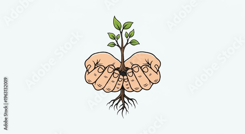 Hands nurturing a young plant with green leaves and roots growing in soil symbolizing growth and care