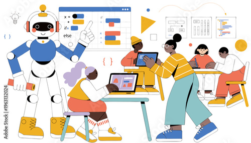 A colorful illustration of a robot and diverse students learning together with laptops in a modern classroom setting.