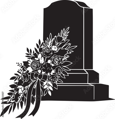 Grave headstone with flower bouquet line art silhouette vector illustration on transparent background