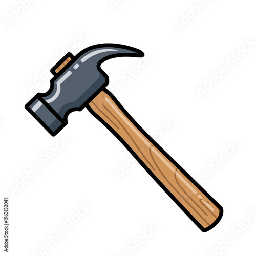 Hammer with wooden handle closeup.