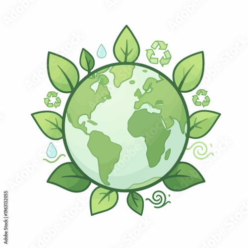 Vibrant illustration of planet earth surrounded by a wreath of lush green leaves, accompanied by small recycling symbols and water droplets.