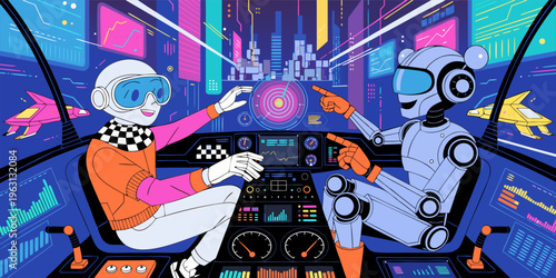 A futuristic illustration of a person and a robot in a high-tech cockpit with vibrant screens and controls.