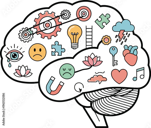 Brain with thoughts and emotions illustrated on surface