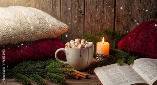 Hot chocolate mug, topped with fluffy marshmallows, sits amidst a cozy winter evening setup, featuring an open book, warm knitted pillows, and festive pine branches on wood.