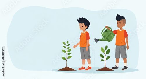 Two cartoon boys watering and nurturing young plants side by side in orange shirts and gray shorts on light blue background