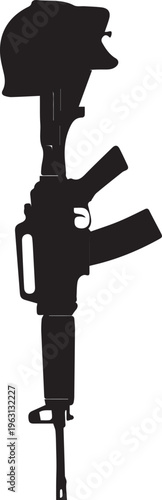 Rifle and helmet silhouette vector illustration, fallen soldier battlefield memorial concept.
