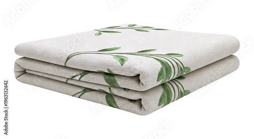 Folded Beige Fabric with Green Leaf Pattern