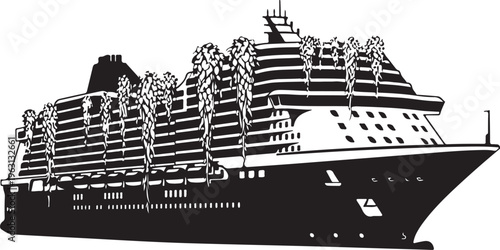Black and white cruise ship with palm trees on deck