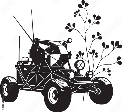 Black and white of a futuristic dune buggy with antennae and a plant