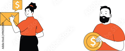 A woman holding an envelope with dollar sign bubble and man showing large coin symbolizing financial transaction or payment