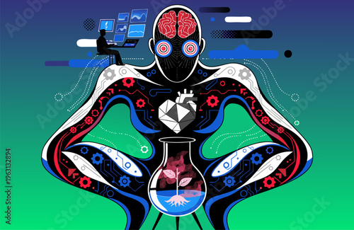 A futuristic illustration of a humanoid robot with a brain and gears, surrounded by technology and innovation elements.