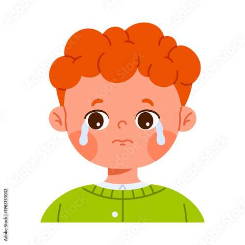 Cute crying redhead boy character with tears. Sad facial expression concept. Emotional child avatar. Isolated vector illustration in cartoon style